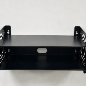 Black metal wall mount router stand with two shelves, front view